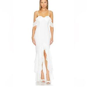 NWT More To Come Adriana Gown White chiffon maxi ruffle Revolve L
